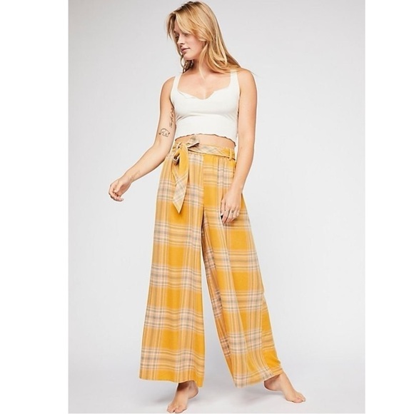 Free People Good Or Plaid Wide Leg Pants in Mustard Size Small - Picture 3 of 14